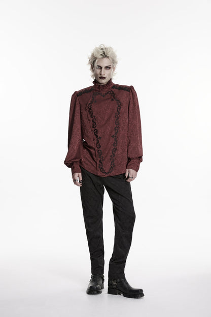 Crimson High-Neck Gothic Palace Shirt with Jacquard and Detachable Tie