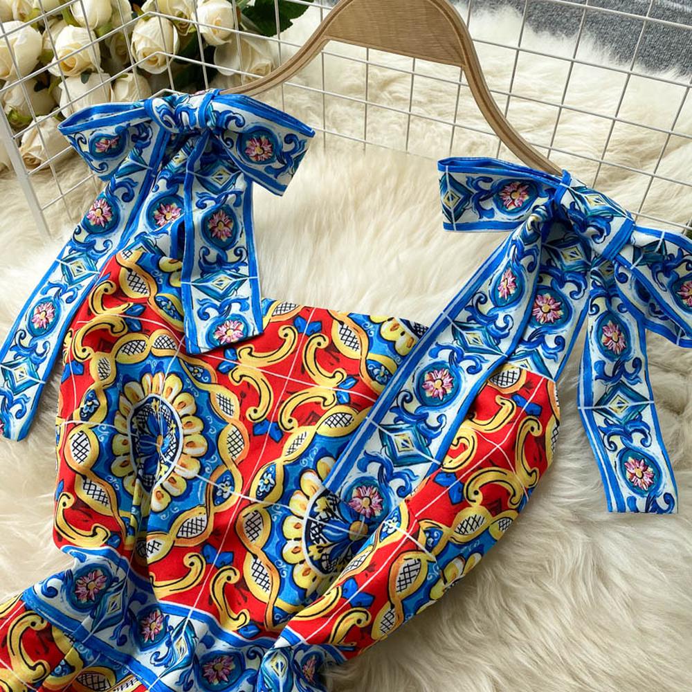 Retro Blue Square Neck Contrast Color Print Bow Decor Strap Ruffled Hem Dress AR1024