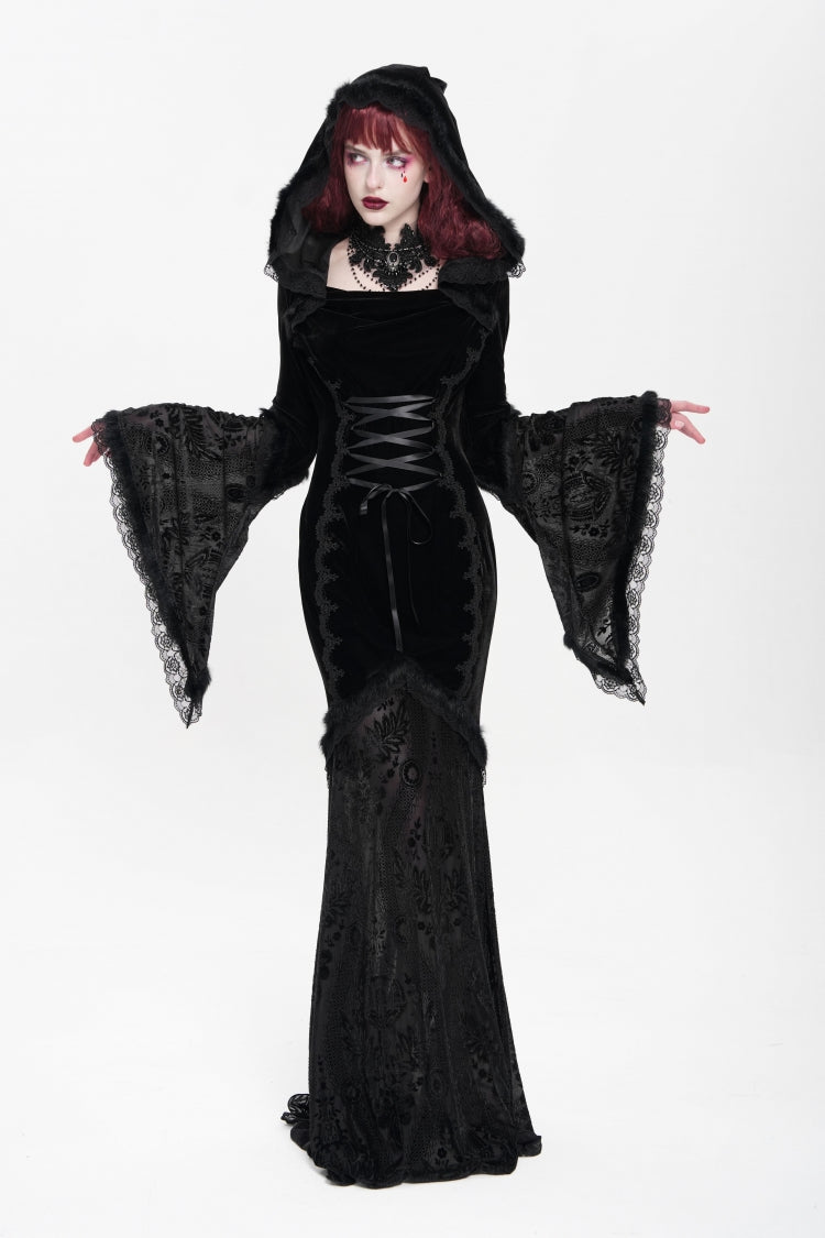 Ebony Flared-Sleeve Embroidered Lace Hooded Sheer Gothic Dress