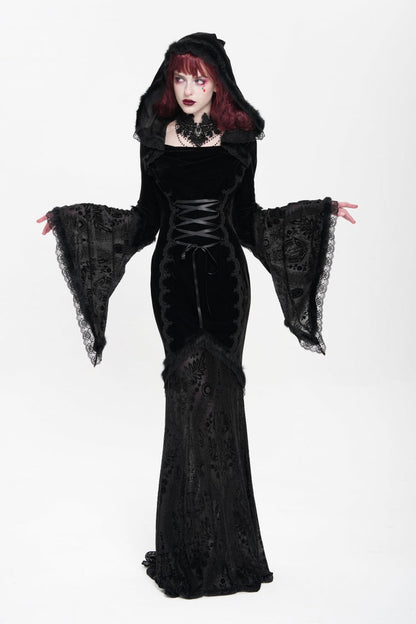 Ebony Flared-Sleeve Embroidered Lace Hooded Sheer Gothic Dress