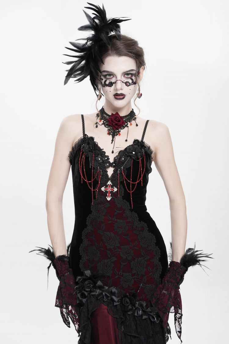 Crimson & Obsidian Sleeveless Cross Ruffled Floral Embroidered Chain-Decorated Gothic Long Slip Dress
