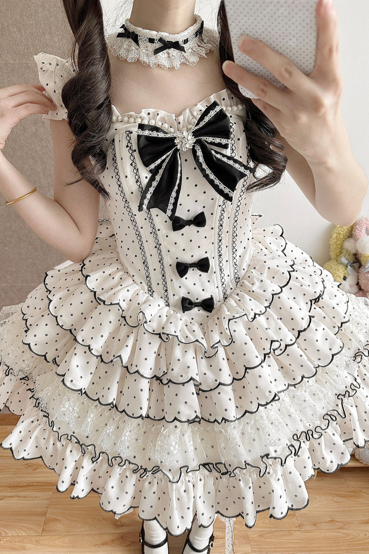Sweet Princess Lolita JSK Gown with Polka Dots, Ruffles & Sleeveless Bow