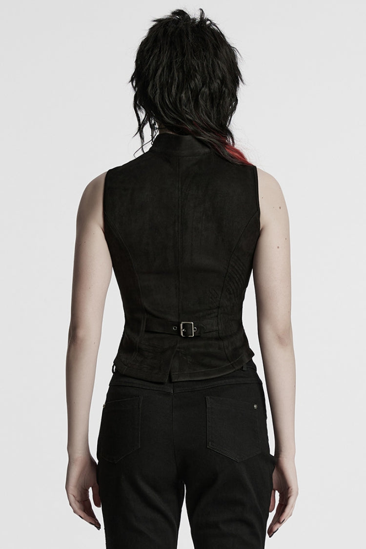 Women's Black Punk Vest, Mesh with Buckle and Stitched Collar