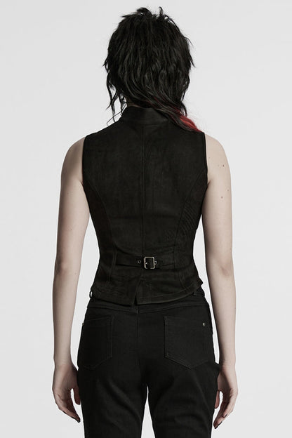 Women's Black Punk Vest, Mesh with Buckle and Stitched Collar