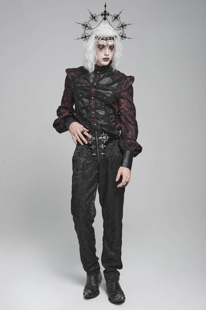 Crimson & Obsidian Stand Collar Long Lantern Sleeves Floral Print Embroidery Gothic Blouse
