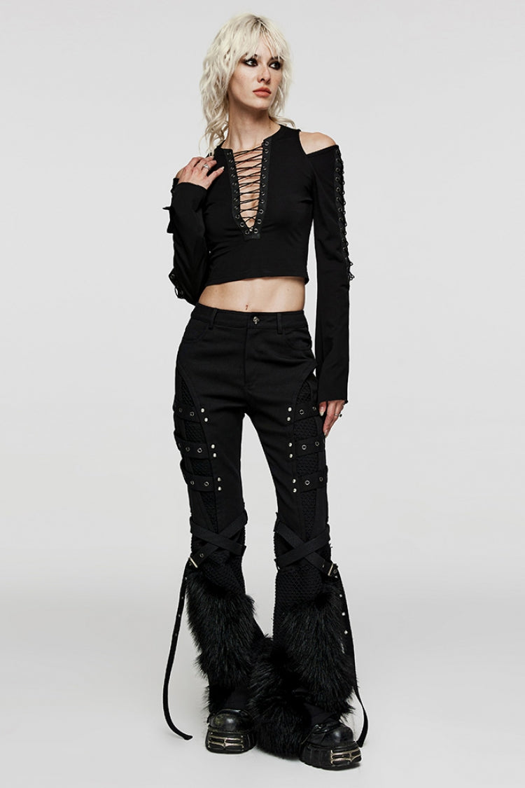 Women's Steampunk Fluffy Pants with Eyelet Stitching and Metal Mesh