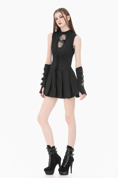 No-Sleeve Cobweb Sheer Mesh Lace-Up Punk Mini Dress