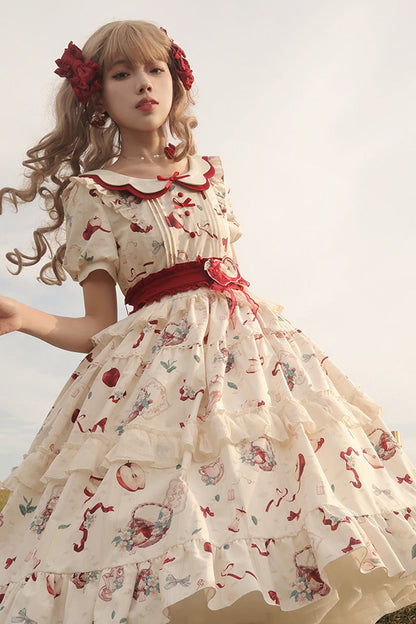 Ivory Apple Tea Print Short-Sleeve Country Ruffle Bow Sweet Lolita Dress Plus Size