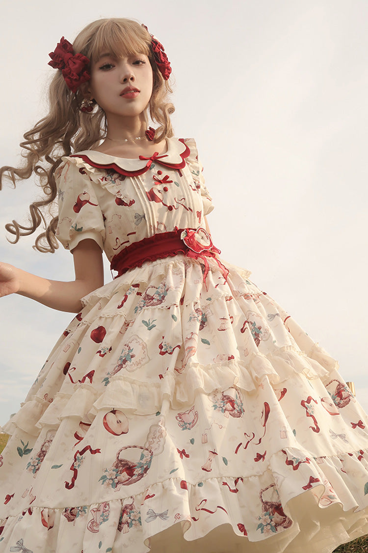 Ivory Apple Tea Print Short-Sleeve Country Ruffle Bow Sweet Lolita Dress
