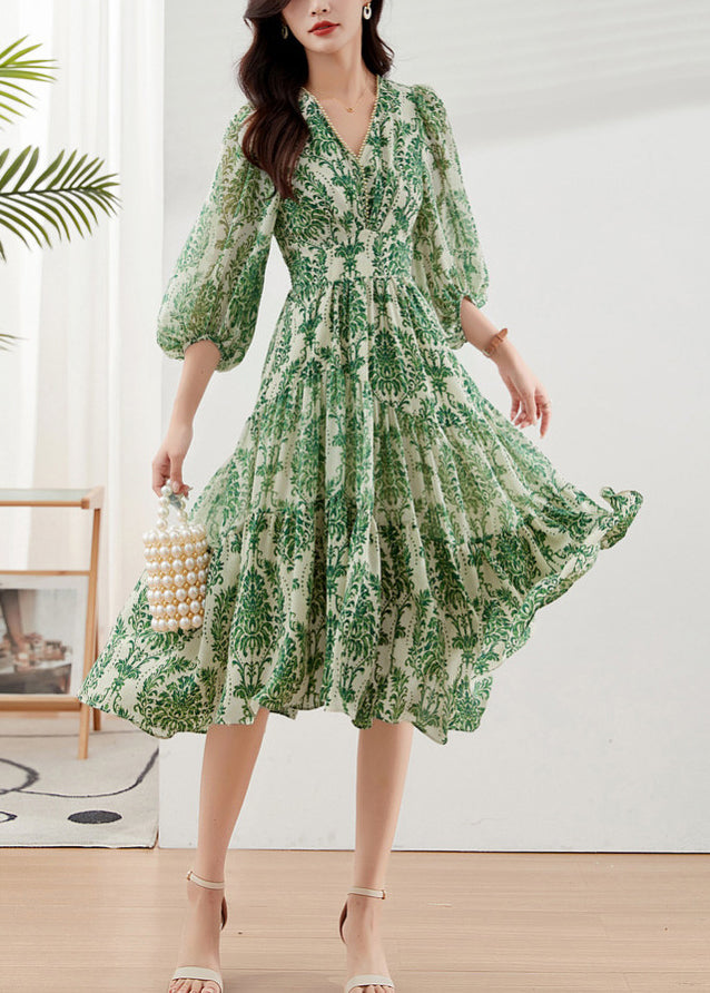 V Green Handmade Neck Bracelet Print Dresses Chiffon Vacation