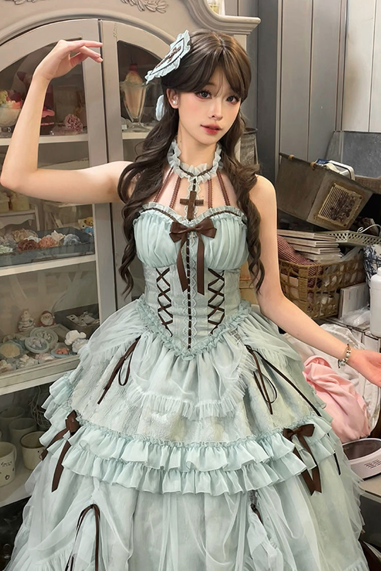 Mint Halterneck Cross Bow Lace-Up Ruffled Lolita Gown