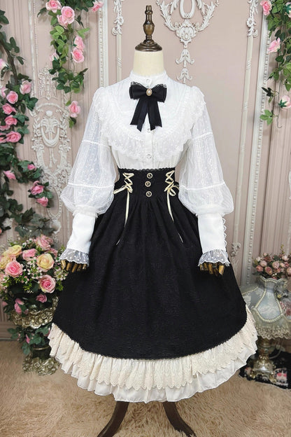 Ebony High-Waist Embroidered Ruffle Lace-Up Palace Skirt - Heart of Rose