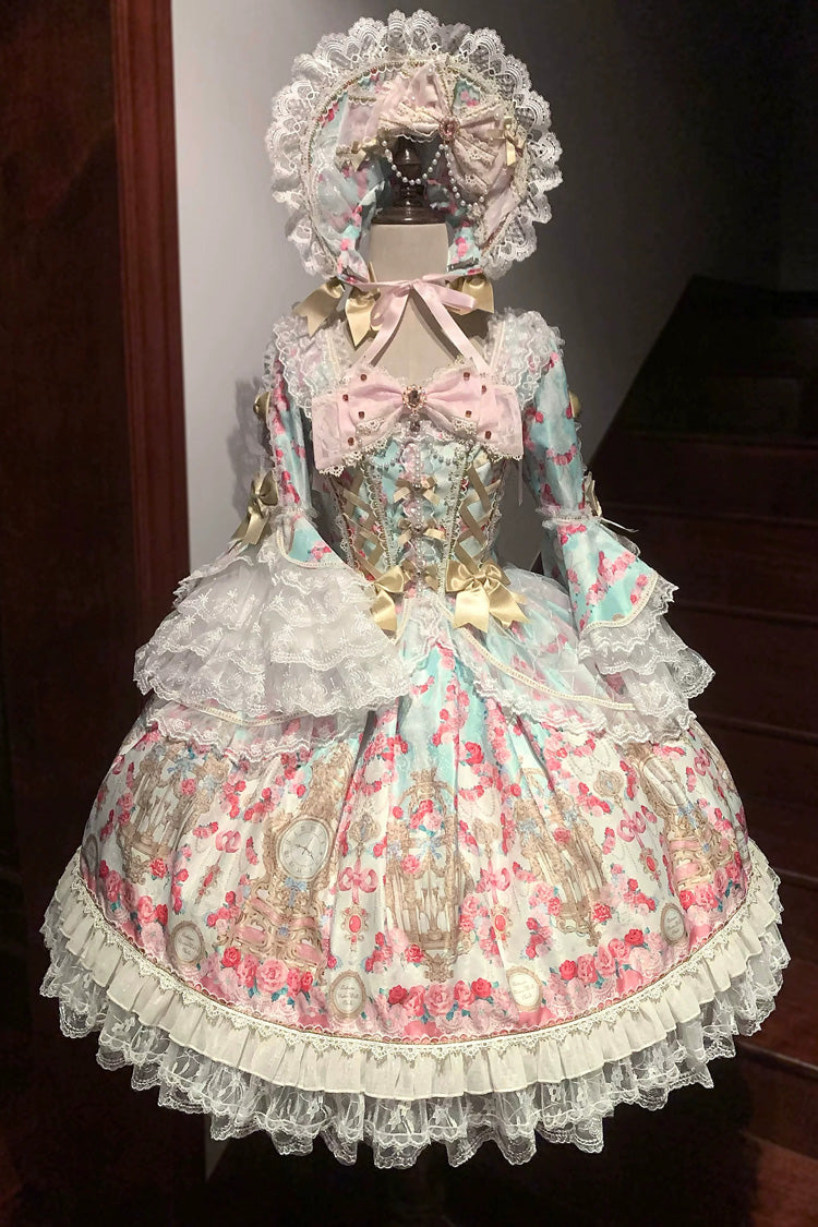 Square Collar Long Trumpet Sleeve Printed Ruffled Bow Lace-Up Sweet Lolita Dress in Mint Green/Pink - Rose Garden Prelude