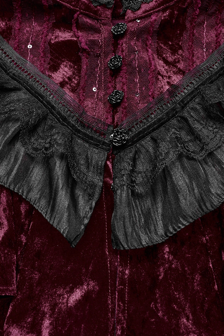 Crimson Sleeveless Gothic Cape with Ruffled Lace Trim