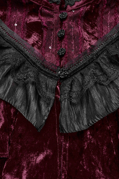 Crimson Sleeveless Gothic Cape with Ruffled Lace Trim