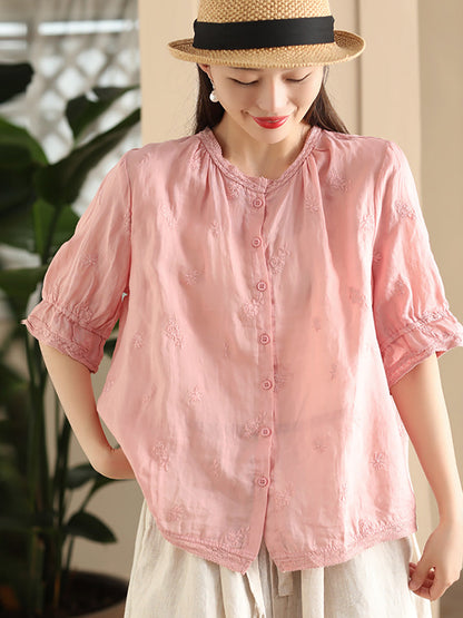 Chemise d'été boutonnée en ramie pour femme avec broderie vintage CX007