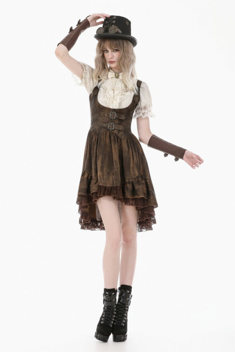 Gothic Women's Blouse with Puff Sleeves, Sheer Lace-Up & Detachable Bow