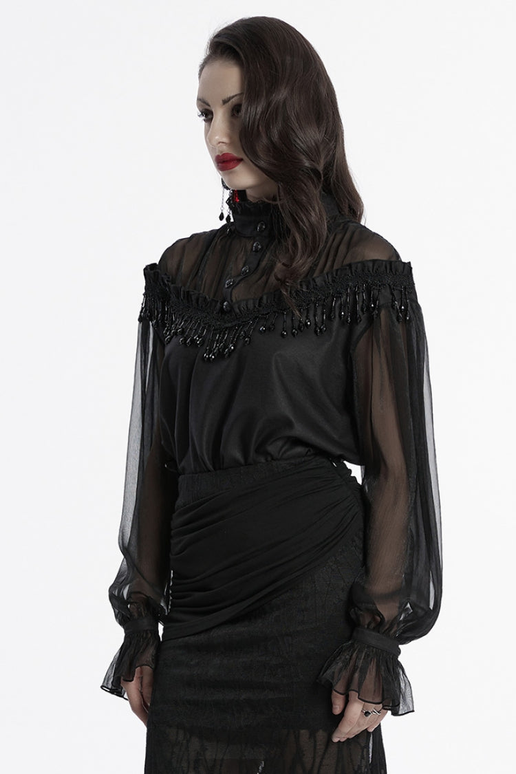 Sheer Mesh Gothic Blouse - Women's Ruffled Long-Sleeve