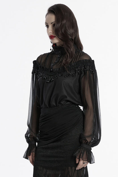 Sheer Mesh Gothic Blouse - Women's Ruffled Long-Sleeve