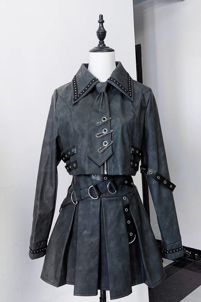 Japanese Handsome Top and Skirt Set with Studded Eyelet in Black