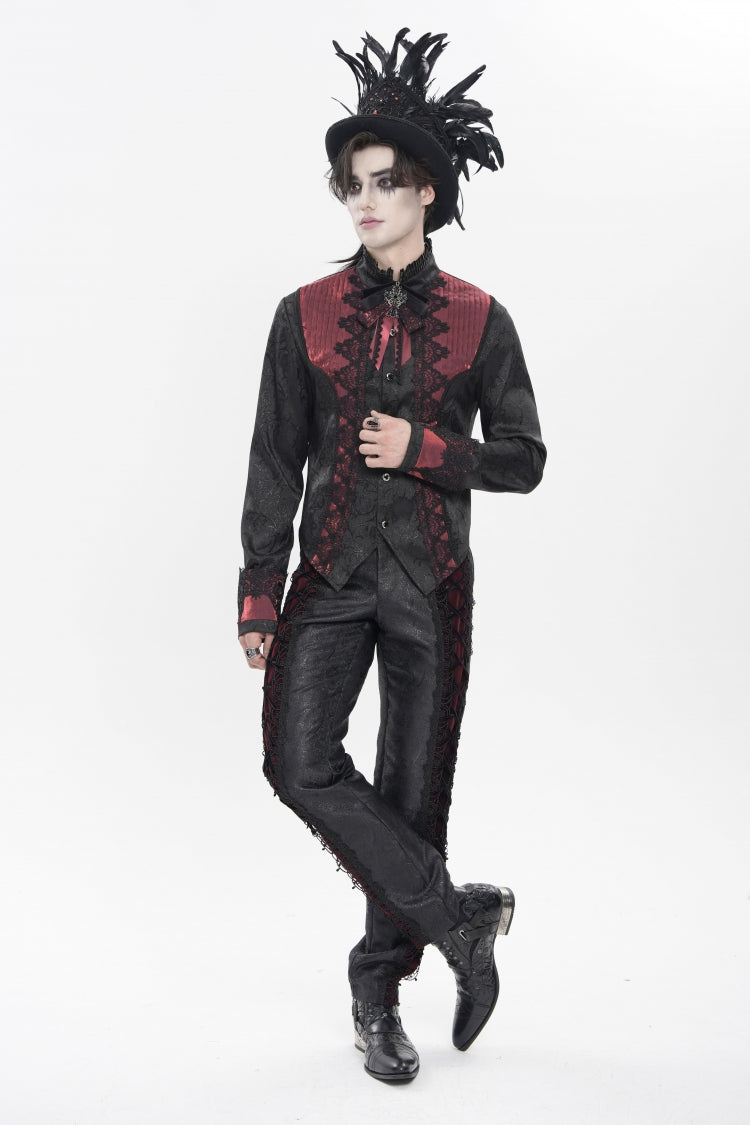 Crimson High-Neck Gothic Palace Shirt with Jacquard and Bow Accents
