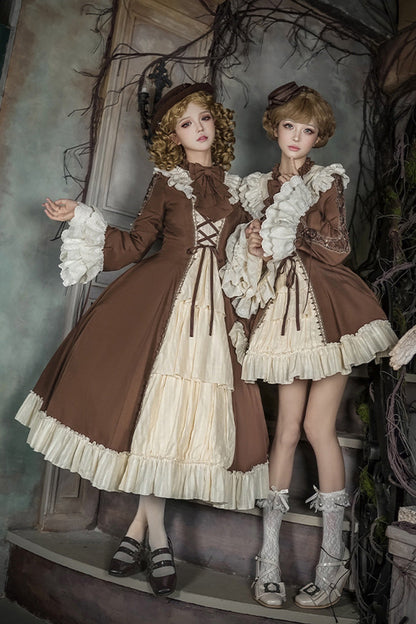 Nutcracker Stand Collar Trumpet Sleeve Lolita Dress Set with Bow - Lace-Up