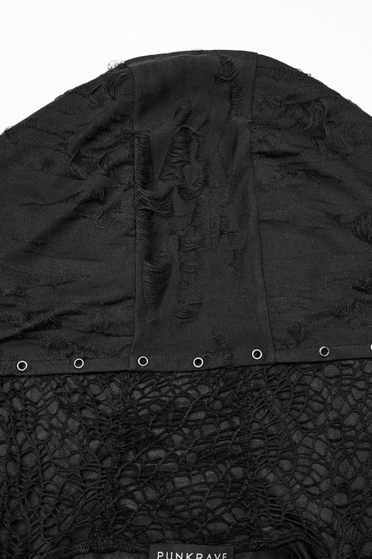 Ebony Long-Sleeve Irregular Hooded Sheer Ripped Men's Gothic Coat