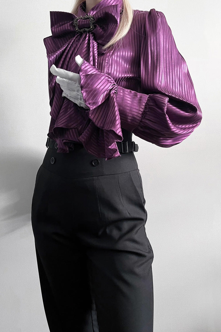Lapel Collar Long Sleeve Striped Print Ruffle Ouji Gothic Blouse
