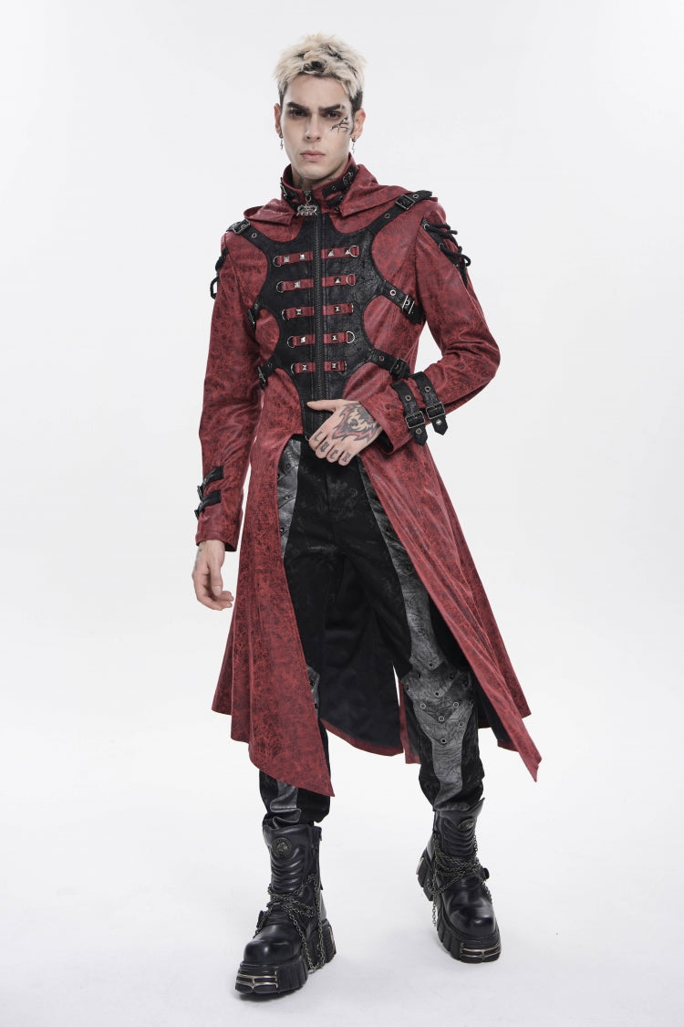 Crimson High-Neck Punk Hooded Jacket with Prints, Studs, and Zippers