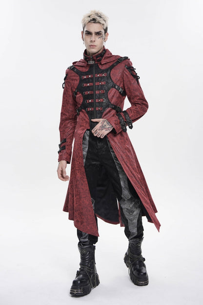 Crimson High-Neck Punk Hooded Jacket with Prints, Studs, and Zippers