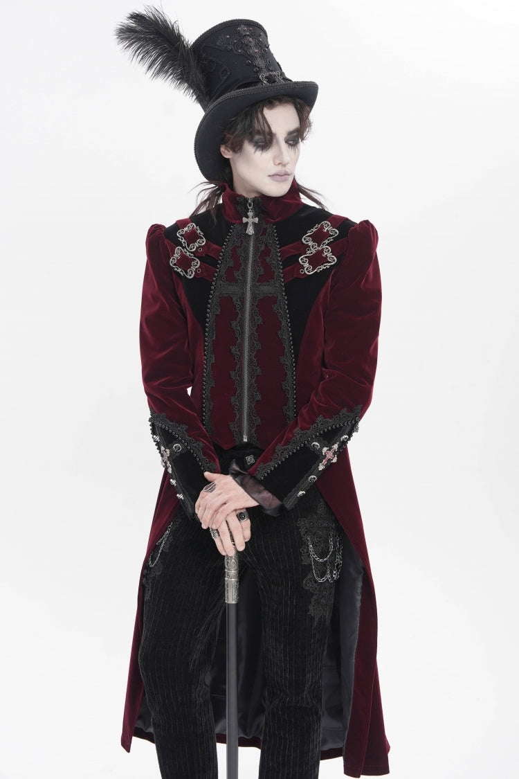 Crimson High-Neck Gothic Palace Jacket with Color Block and Embroidery