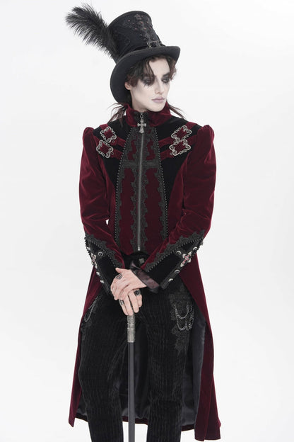 Crimson High-Neck Gothic Palace Jacket with Color Block and Embroidery