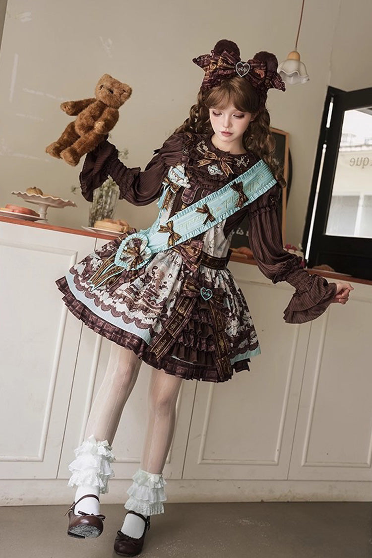 Teddy Bear Chocolate Asymmetric Lolita Strap Dress with Bow - Sleeveless