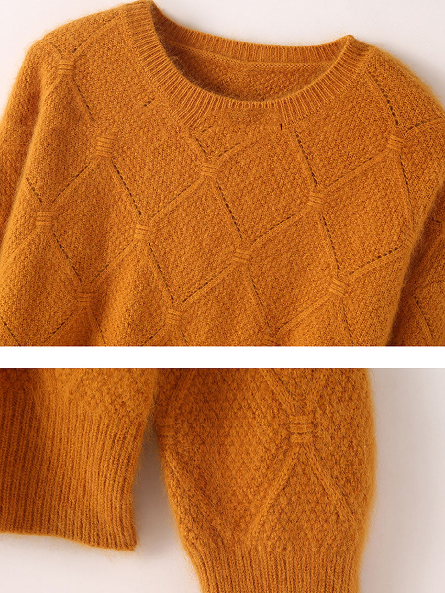 Women Autumn O-Neck Solid Rhomboids Wool Warm Knit Sweater AV1010