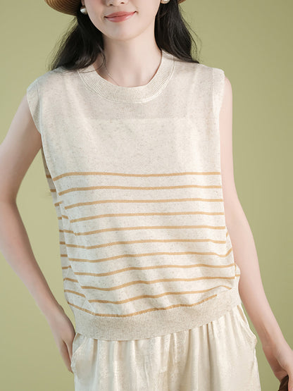 Women Summer Casual Stripe Knitted O-Neck Linen Vest CX004