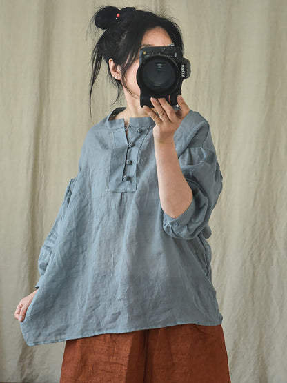 Women Vintage Solid 100%Ramie Summer Loose Shirt AS1047