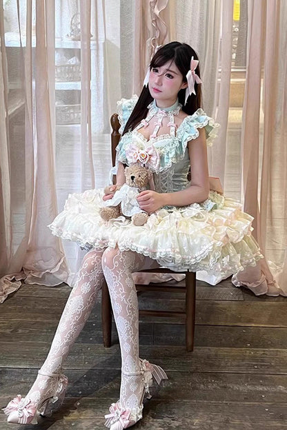Emerald Halterneck Multi-Layer Ruffle Bow Rose Lace Lace-Up Sweet Ballet Lolita Jumper Dress