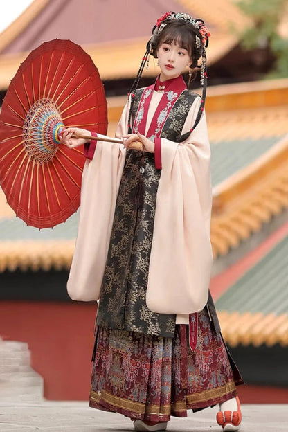 Crimson & Charcoal Round Neck High-Waist Embossed Hanfu Ensemble Three-Piece