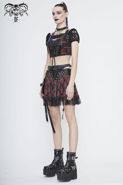 Crimson & Obsidian Scottish Plaid Off Shoulder Bright Leather Straps Lace Up Lace Punk T-Shirt