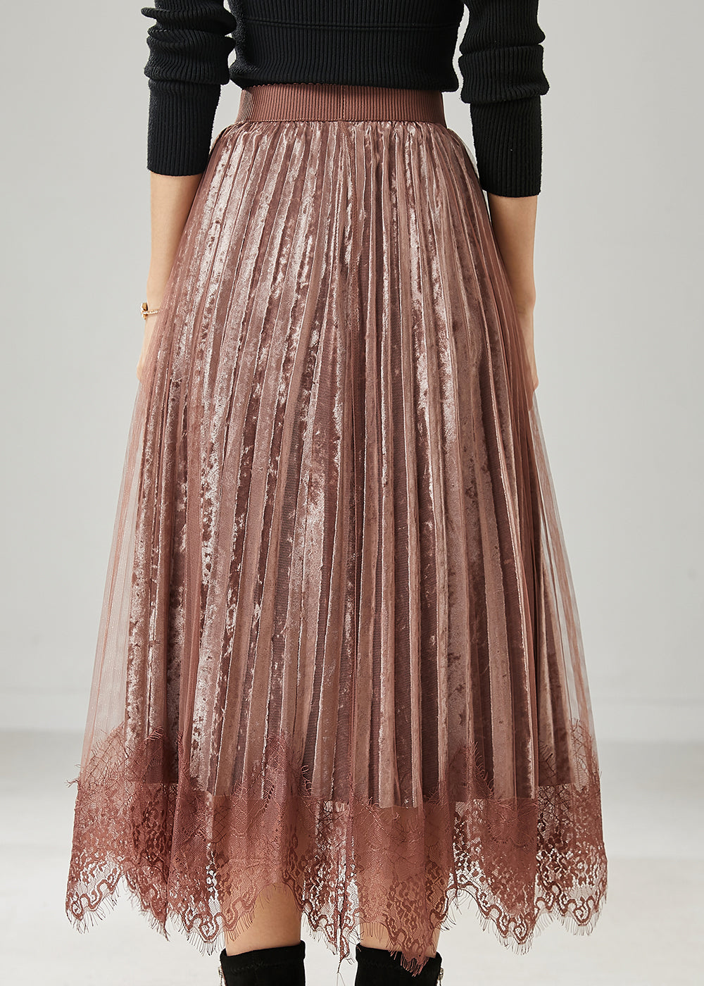 Modern Brown Patchwork Lace Silk Velvet Pleated Skirts Spring AZ1039