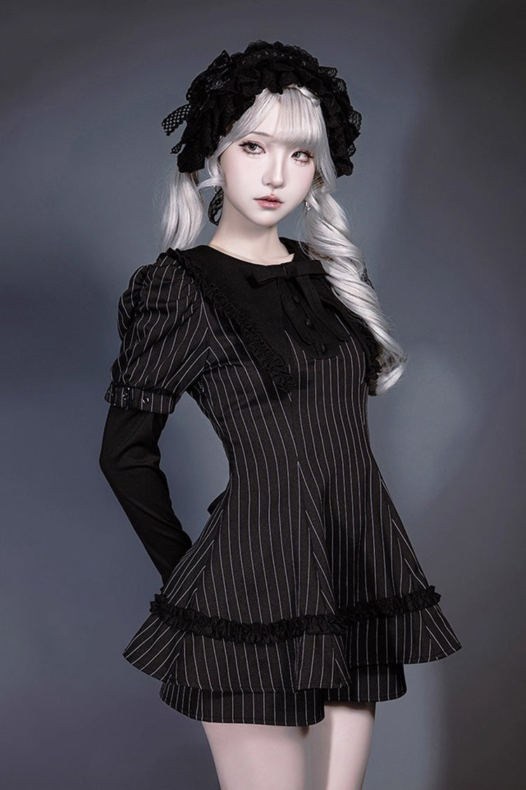 Ebony Long-Sleeve Striped Ruffle Bow Jirai Kei Witch Set