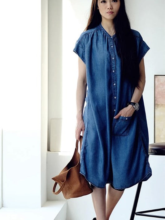 Plus Size Women Summer Casual Solid Blue Denim Dress HH030