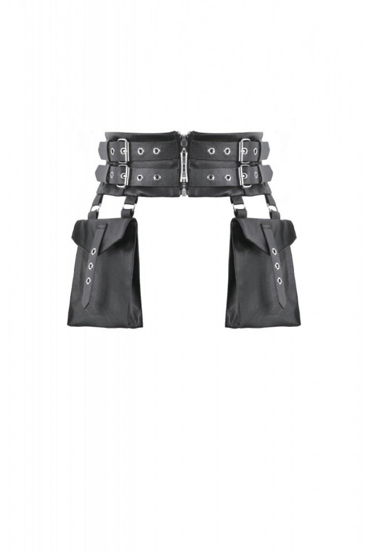 Women's Punk Leather Belt with Eyelet Buckle, Zipper and Side Pouches