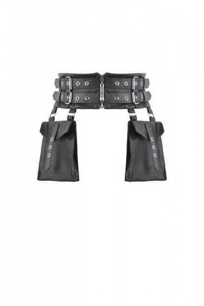 Women's Punk Leather Belt with Eyelet Buckle, Zipper and Side Pouches