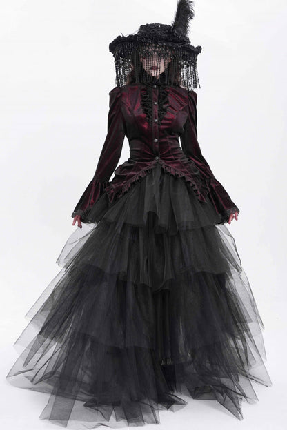 Crimson High-Neck Gothic Ruffled Blouse with Flared Sleeves and Tail Hem