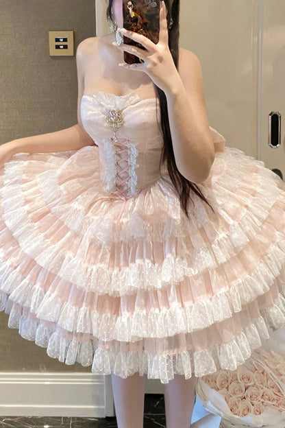 Blush Off-Shoulder Sleeveless Layered Ruffle Bow Lace-Up Princess Gown - Heartbeat at First Sight