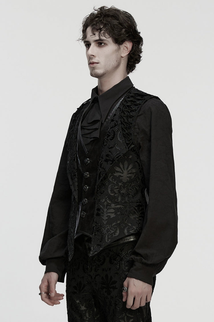 Ebony Long-Sleeve V-Neck Floral Embroidered Men's Gothic Vest