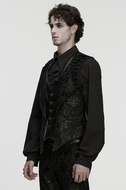 Ebony Long-Sleeve V-Neck Floral Embroidered Men's Gothic Vest
