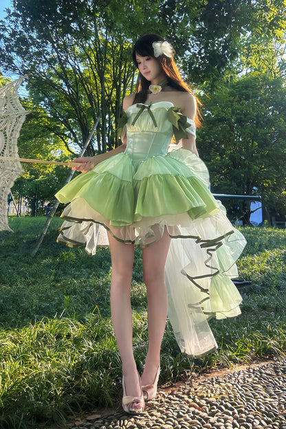 Emerald Off-Shoulder Ruffled Bow Patchwork Sweet Lolita Gown