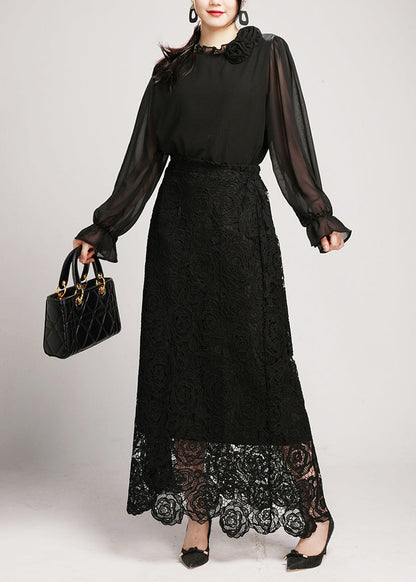 Black Lace Shirts And Maxi Skirts Two Pieces Set V Neck Long Sleeve AO1042